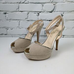 Light pink leather platform pumps, Italian suede heels size 7